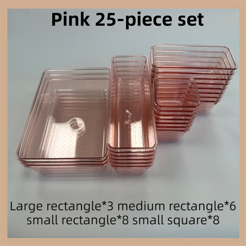 25PCS Pink Transparent Stackable Organizer Set - 4-Size Versatile Desktop &amp; Drawer Divider