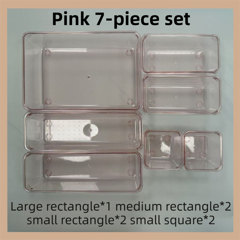 7PCS Pink Transparent Stackable Organizer Set - 4-Size Versatile Desktop &amp; Drawer Divider