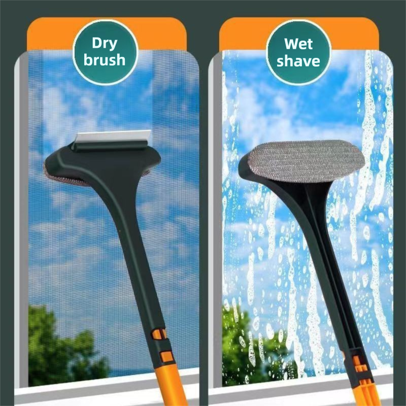 2-Pack 2-in-1 Professional Window Screen Brush & Glass Cleaner - Detachable Long-Handle Squeegee & Scrubber (White Green & Yellow Green)