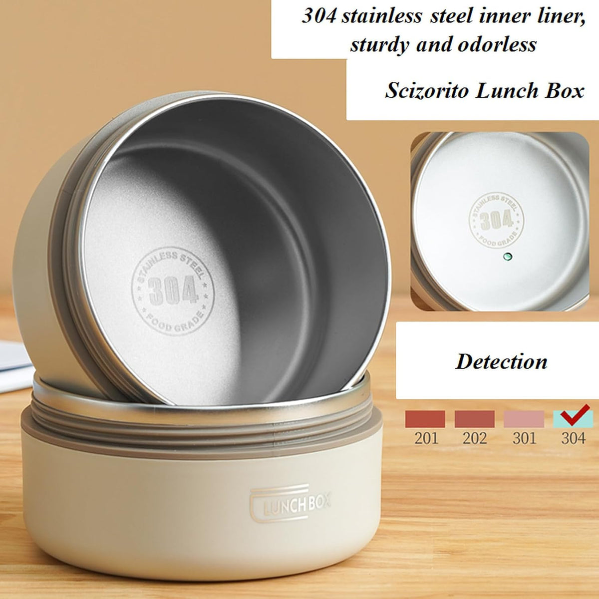 2-Pack Beige 304 Stainless Steel Microwave-Safe Lunch Box Set - Stackable Insulated Bento Containers for Office & School