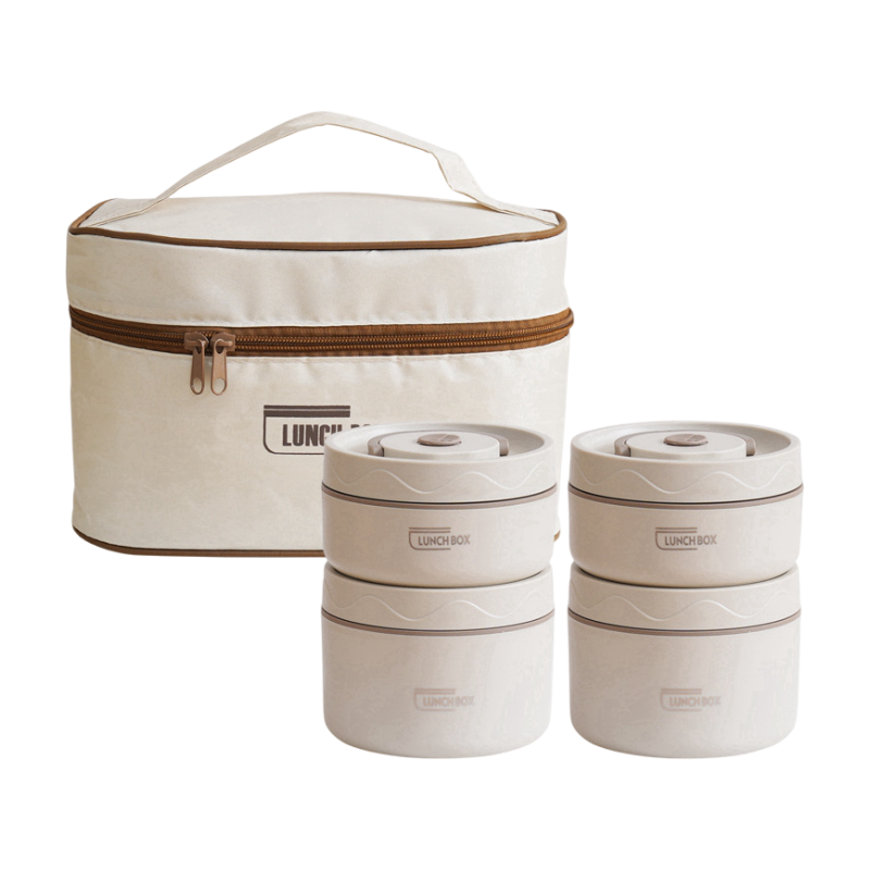 4-Pack Beige 304 Stainless Steel Microwave-Safe Lunch Box Set - Stackable Insulated Bento Containers for Office &amp; School