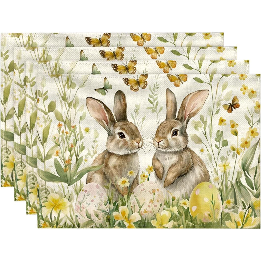 4-Pack Happy Easter Bunny &amp; Egg Placemats - Festive Holiday Table Mats - Stain-Resistant Kitchen Decor for Spring Parties