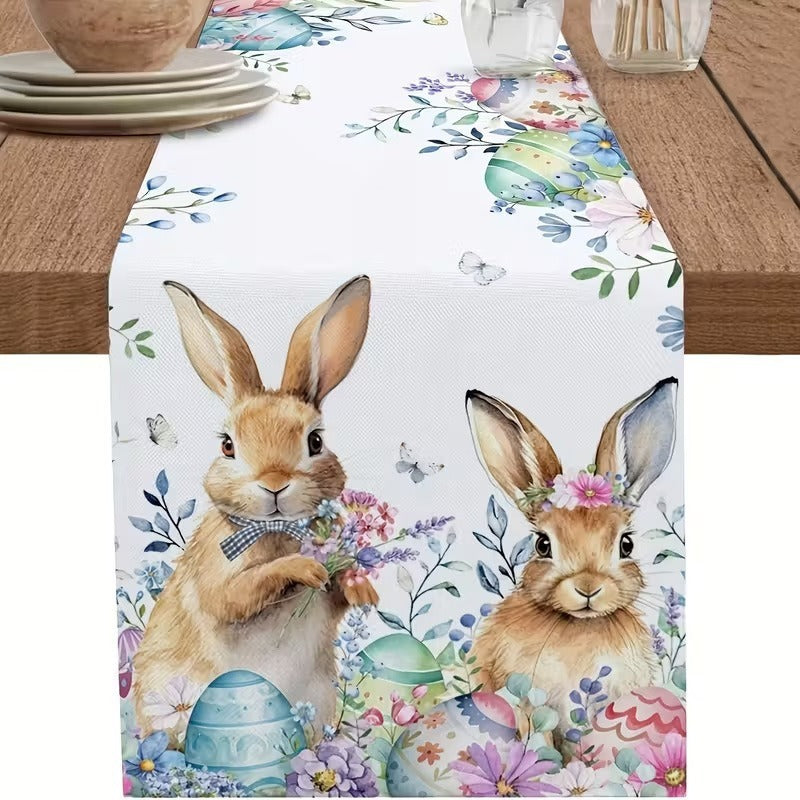 33 x 183 CM Festive Easter Linen Table Runner - Cartoon Bunny Table Runner &amp; Stain-Resistant Primitive Home Decor (Style-1)