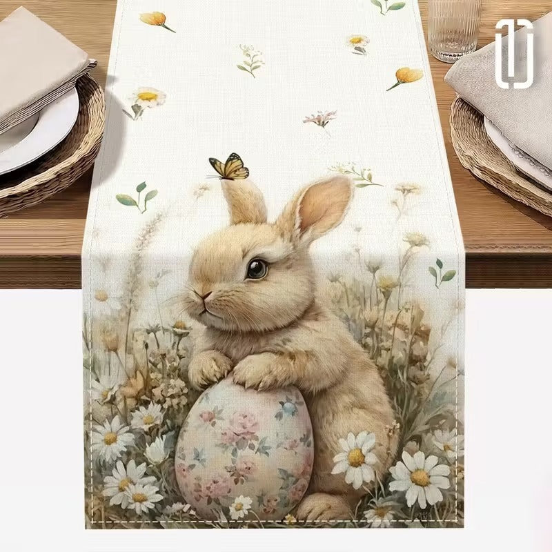 33 x 183 CM Festive Easter Linen Table Runner - Cartoon Bunny Table Runner &amp; Stain-Resistant Primitive Home Decor (Style-2)