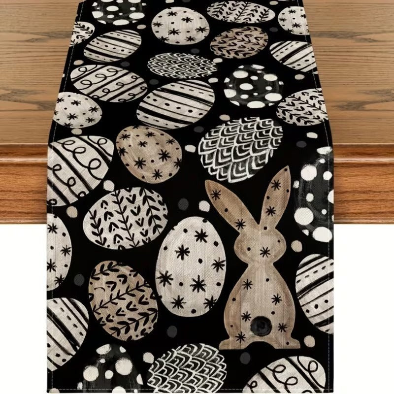 33 x 183 CM Festive Easter Linen Table Runner - Cartoon Bunny Table Runner &amp; Stain-Resistant Primitive Home Decor (Style-3)