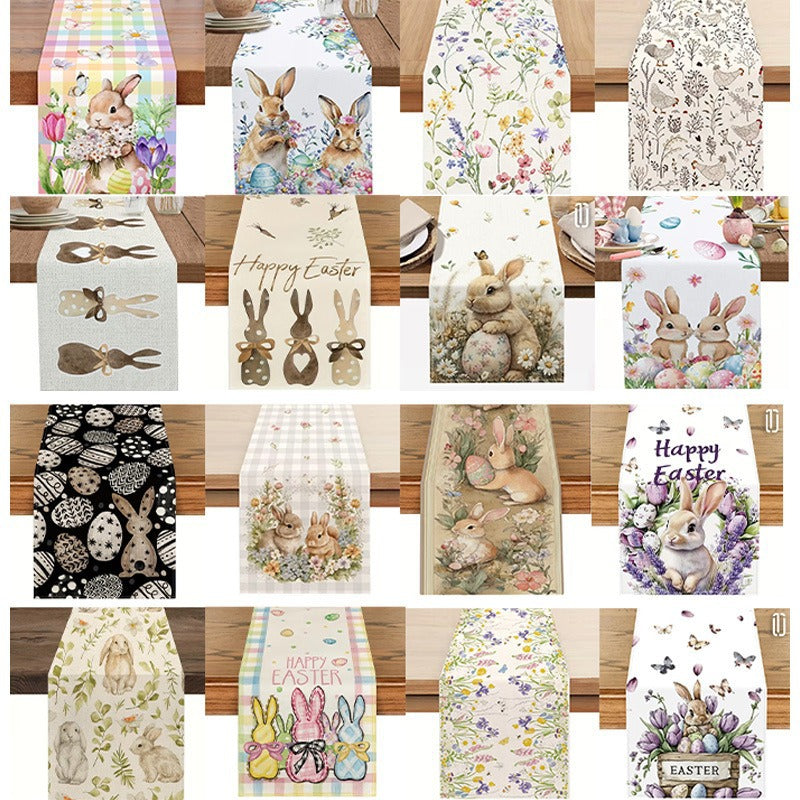 33 x 183 CM Festive Easter Linen Table Runner - Cartoon Bunny Table Runner & Stain-Resistant Primitive Home Decor (Style-3)