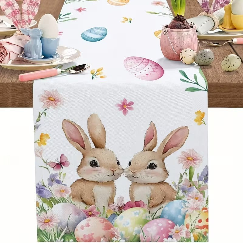 33 x 183 CM Festive Easter Linen Table Runner - Cartoon Bunny Table Runner &amp; Stain-Resistant Primitive Home Decor (Style-4)