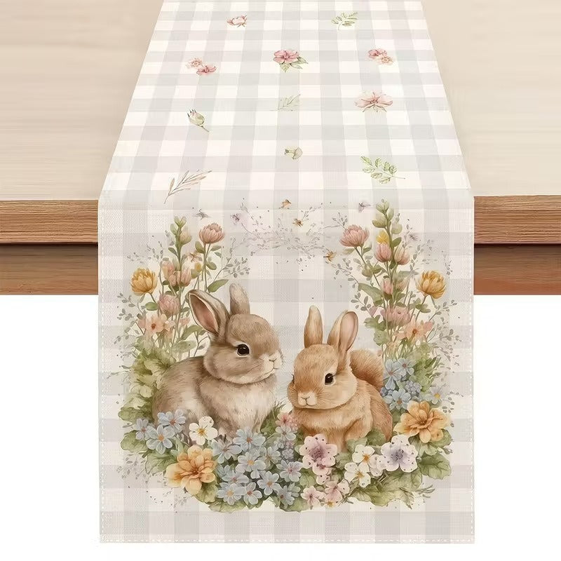 33 x 183 CM Festive Easter Linen Table Runner - Cartoon Bunny Table Runner &amp; Stain-Resistant Primitive Home Decor (Style-5)
