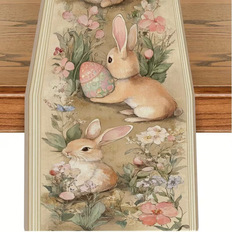 33 x 183 CM Festive Easter Linen Table Runner - Cartoon Bunny Table Runner &amp; Stain-Resistant Primitive Home Decor (Style-6)