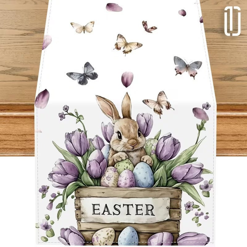 33 x 183 CM Festive Easter Linen Table Runner - Cartoon Bunny Table Runner &amp; Stain-Resistant Primitive Home Decor (Style-7)