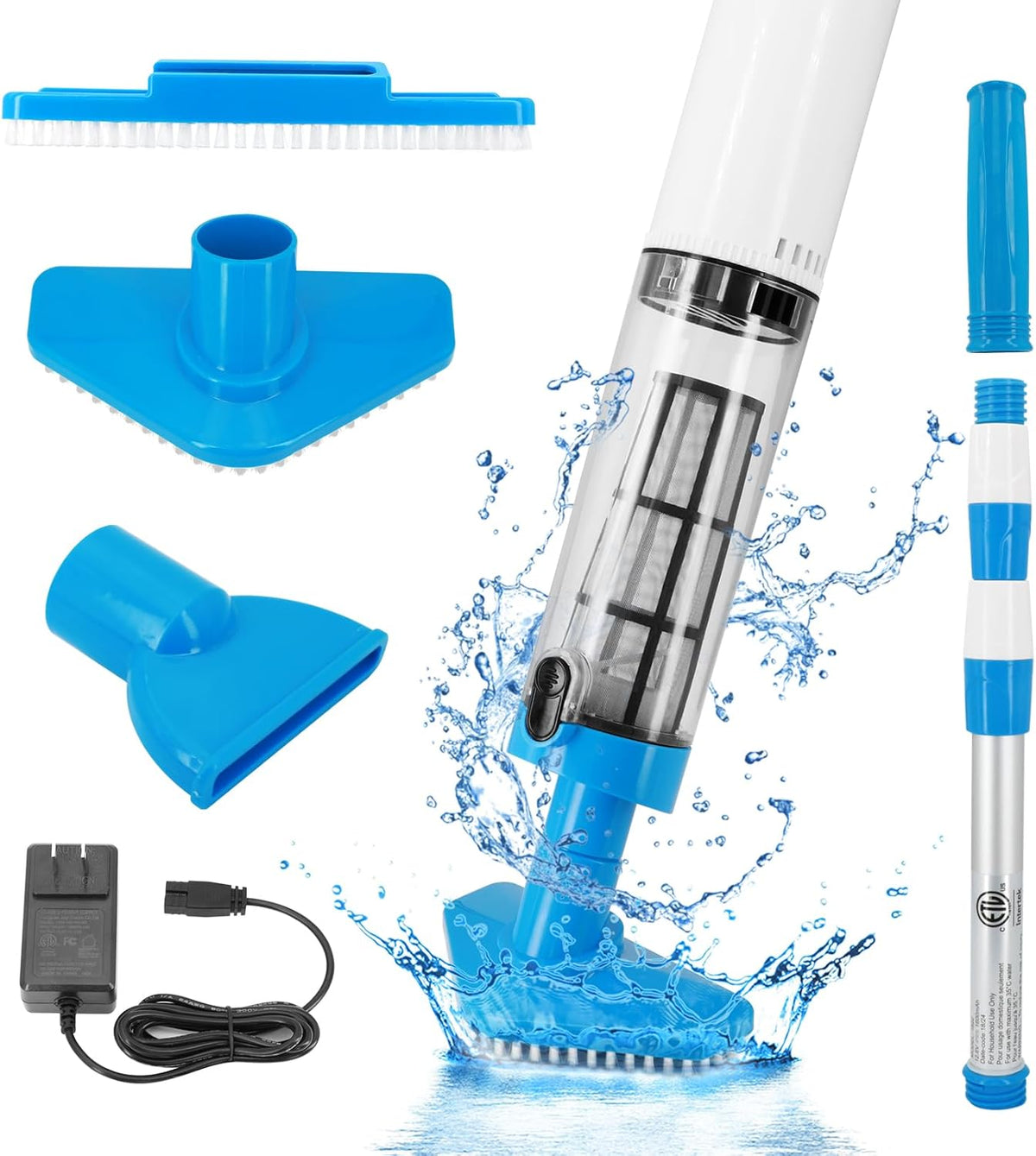 Blue and White Cordless Underwater Pool Vacuum with 3 Cleaning Heads &amp; 164cm Extended Reach - Rechargeable Handheld Spa &amp; Pond Cleaner