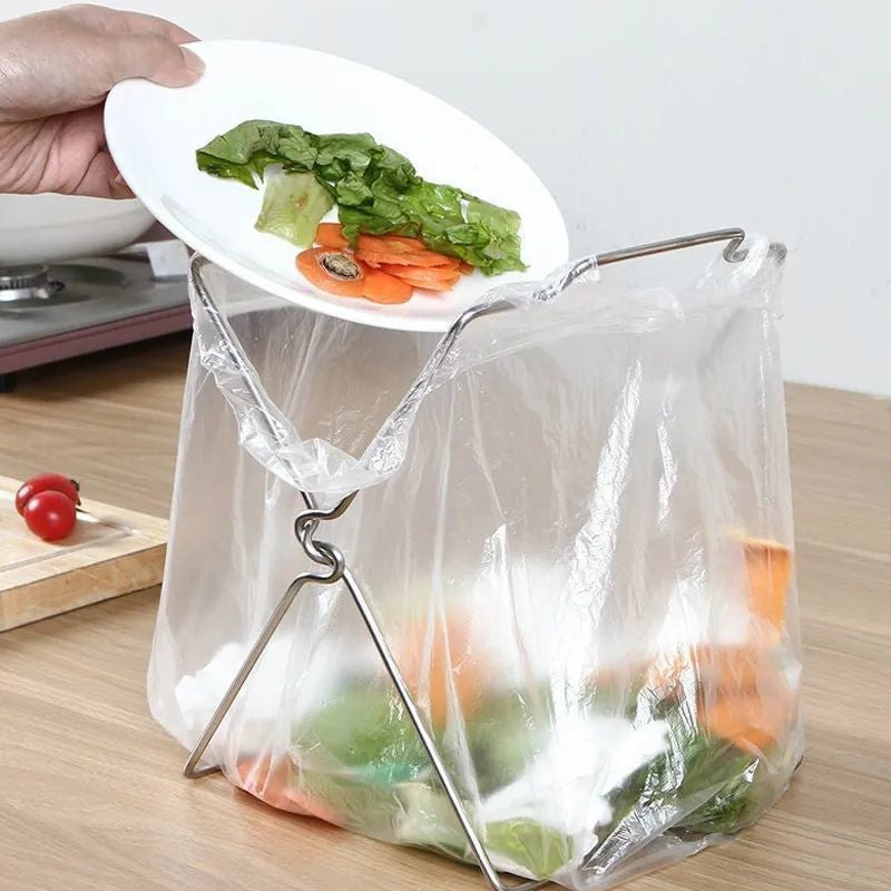 2-Pack Foldable Stainless Steel Trash Bag Holder (17 x 21 CM) - Multi-Functional Kitchen Countertop Organizer for Plastic Bag &amp; Dishcloth