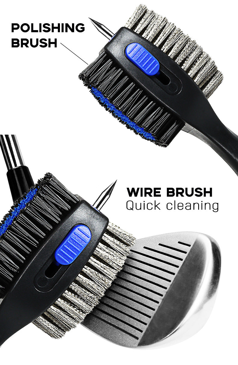 Blue Premium Golf Club Cleaning Brush Extra Large Head Dual Bristles Retractable Zip Line & Groove Cleaner Spike Anti-Slip Ergonomic Grip 29cm
