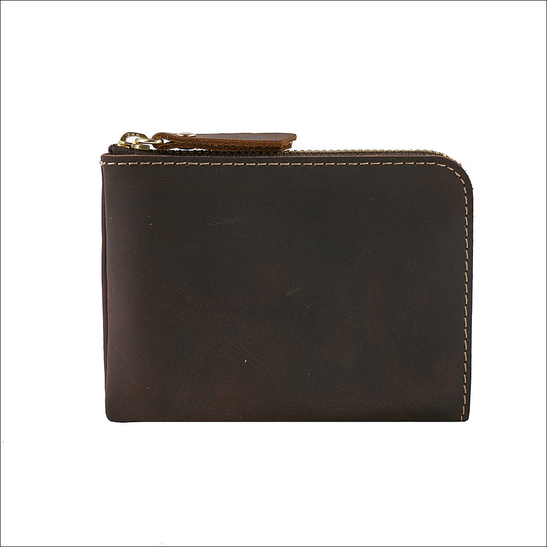 Coffee Handmade Crazy Horse Leather Wallet Minimalist L-Zip Card Holder Top Layer Cowhide Short Purse with Coin Pocket 12cm Vintage Style