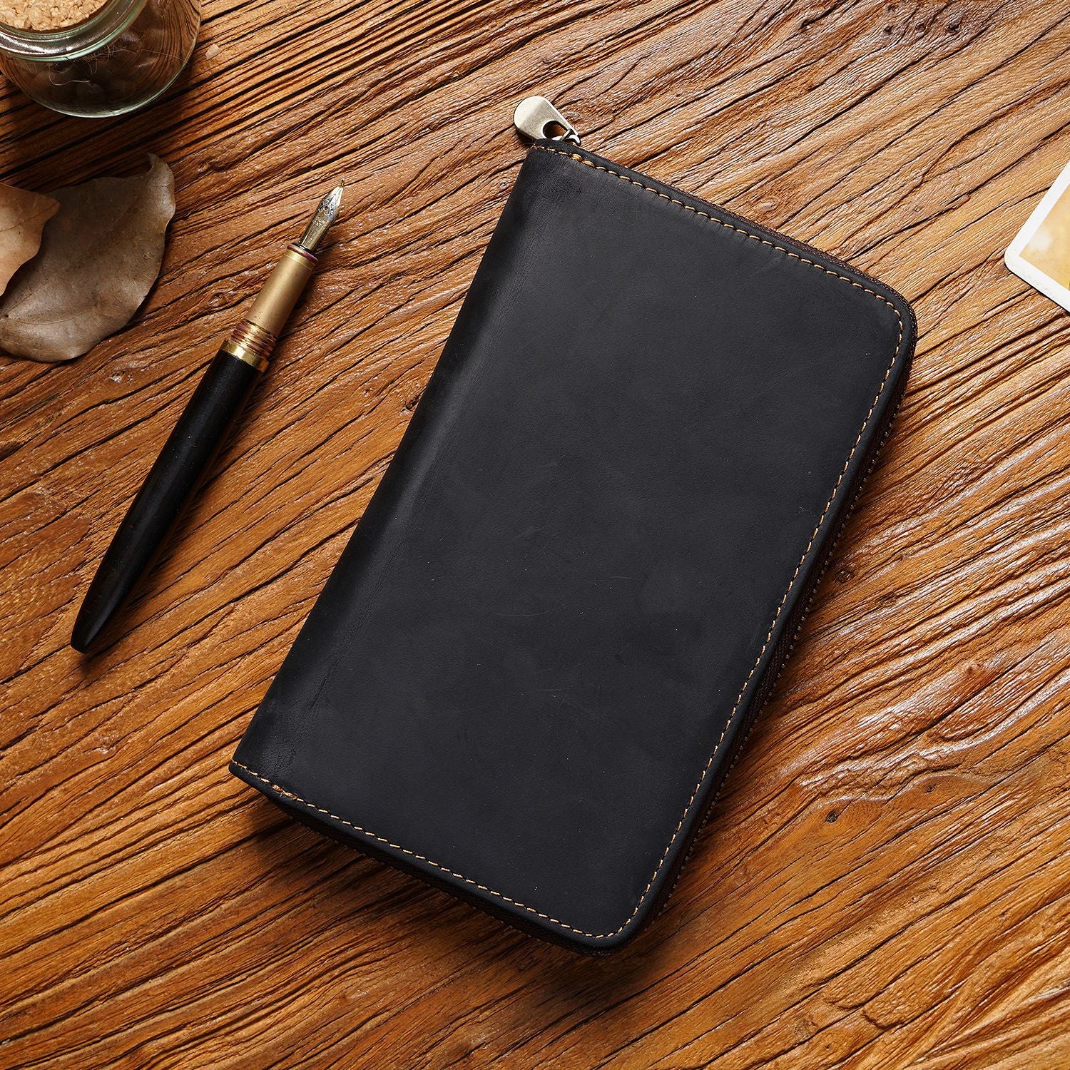 Black Genuine Crazy Horse Leather Fountain Pen Case Zippered Organiser Pouch with 5 Elastic Loops & Mesh Pocket Vintage Stationery Holder