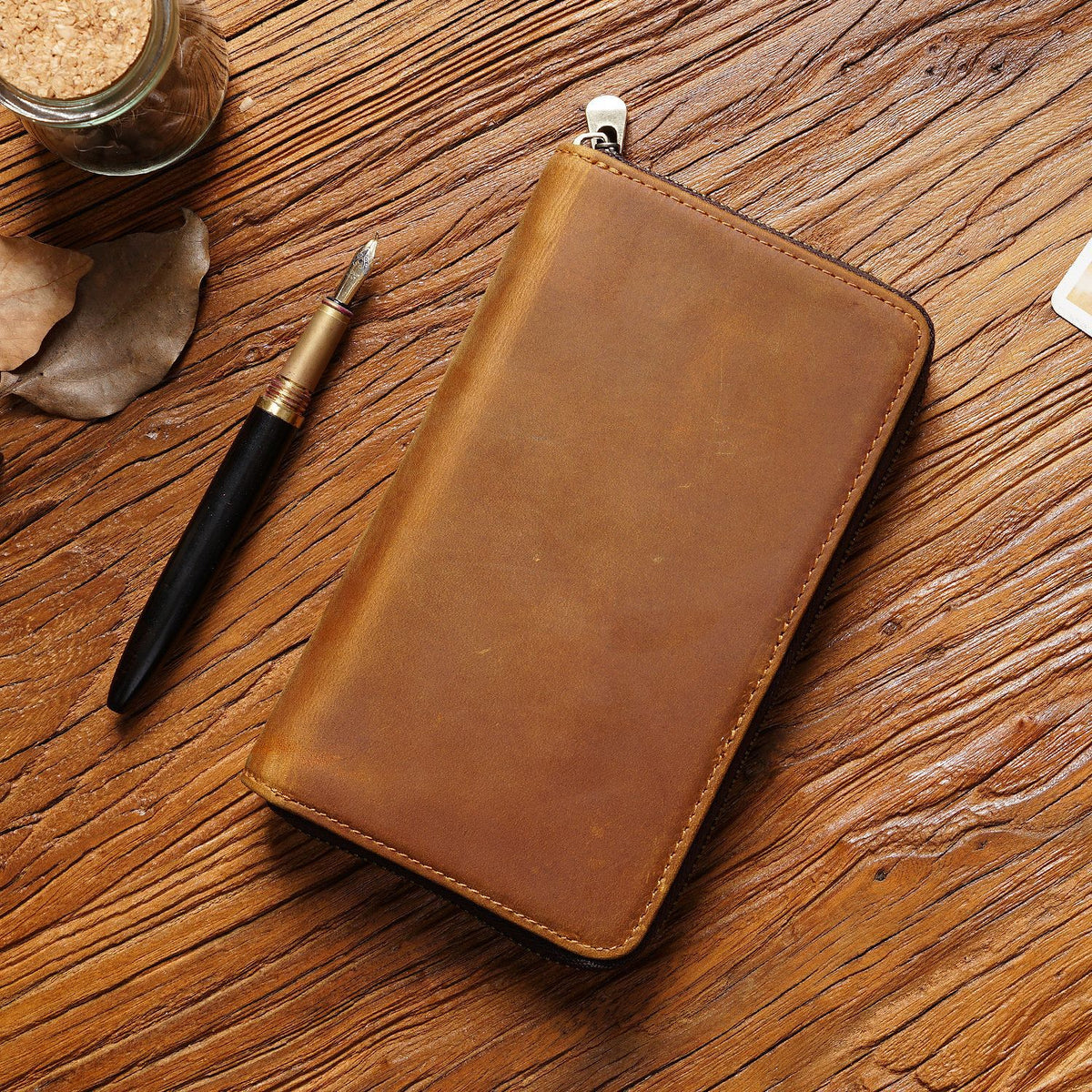 Brown Genuine Crazy Horse Leather Fountain Pen Case Zippered Organiser Pouch with 5 Elastic Loops &amp; Mesh Pocket Vintage Stationery Holder