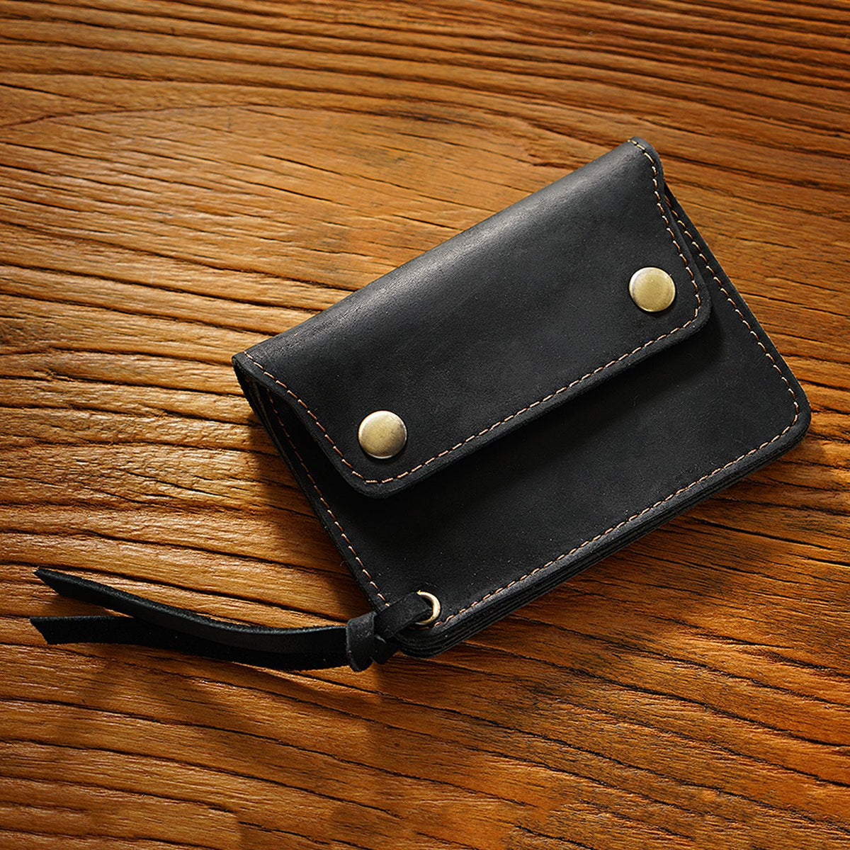 Black Handmade Crazy Horse Leather Wallet Vintage Coin Purse Zipper Card Holder with Strap Snap Closure Top Layer Cowhide 12cm
