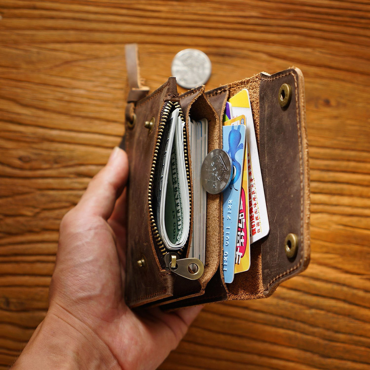 Black Handmade Crazy Horse Leather Wallet Vintage Coin Purse Zipper Card Holder with Strap Snap Closure Top Layer Cowhide 12cm