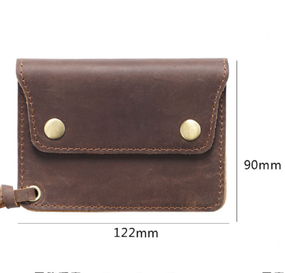 Brown Handmade Crazy Horse Leather Wallet Vintage Coin Purse Zipper Card Holder with Strap Snap Closure Top Layer Cowhide 12cm