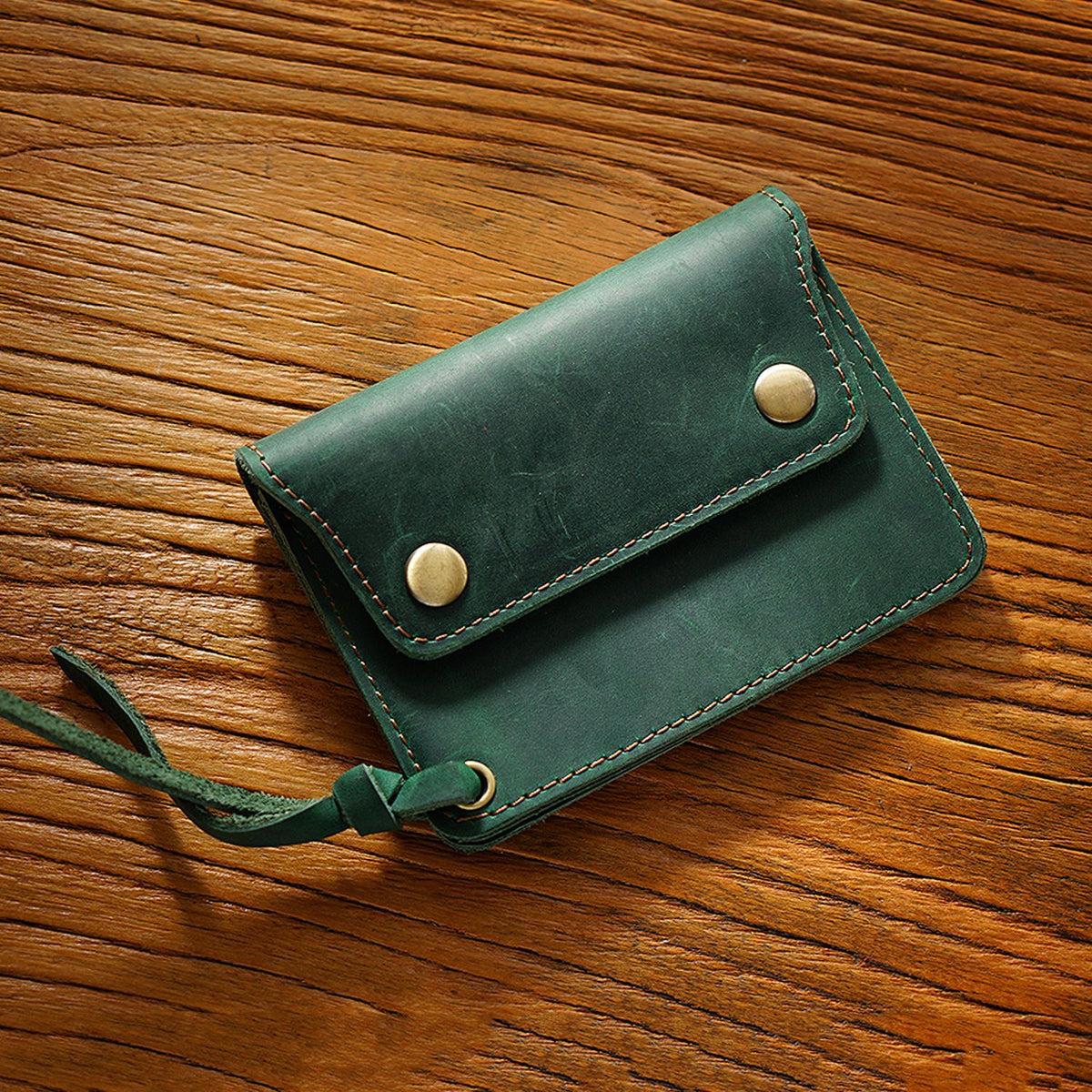 Green Handmade Crazy Horse Leather Wallet Vintage Coin Purse Zipper Card Holder with Strap Snap Closure Top Layer Cowhide 12cm
