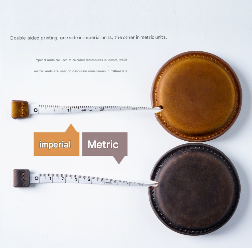 Brown Handmade Crazy Horse Leather Retractable Tape Measure Keychain Dual Sided Scale 150cm/60" Mini Pocket Ruler for Sewing & Body Measuring