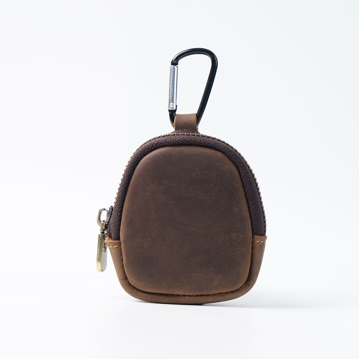 Coffee Genuine Crazy Horse Leather Mini Coin Purse Zipper Shell Pouch Small Earphone Case Key Holder with Carabiner Clip 8.5cm for Travel