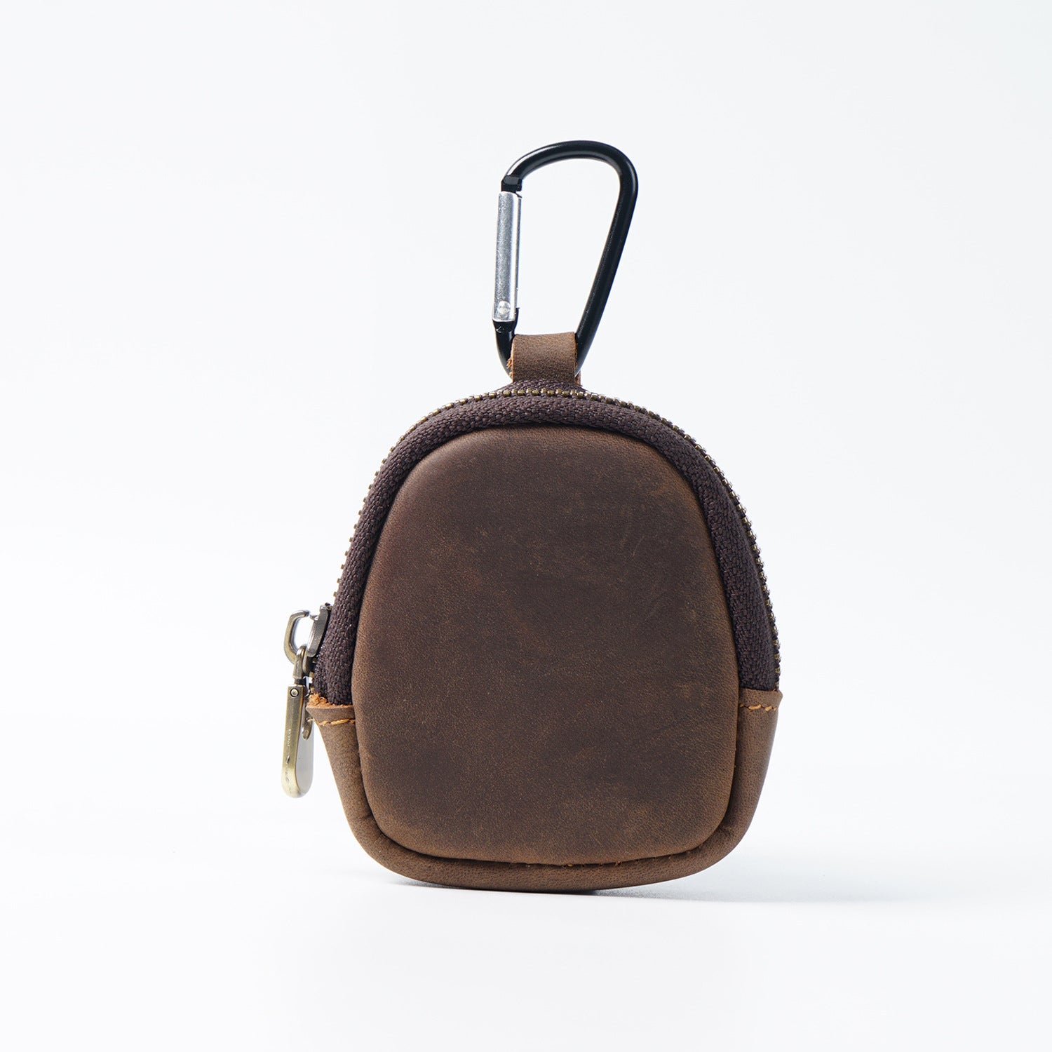 Coffee Genuine Crazy Horse Leather Mini Coin Purse Zipper Shell Pouch Small Earphone Case Key Holder with Carabiner Clip 8.5cm for Travel