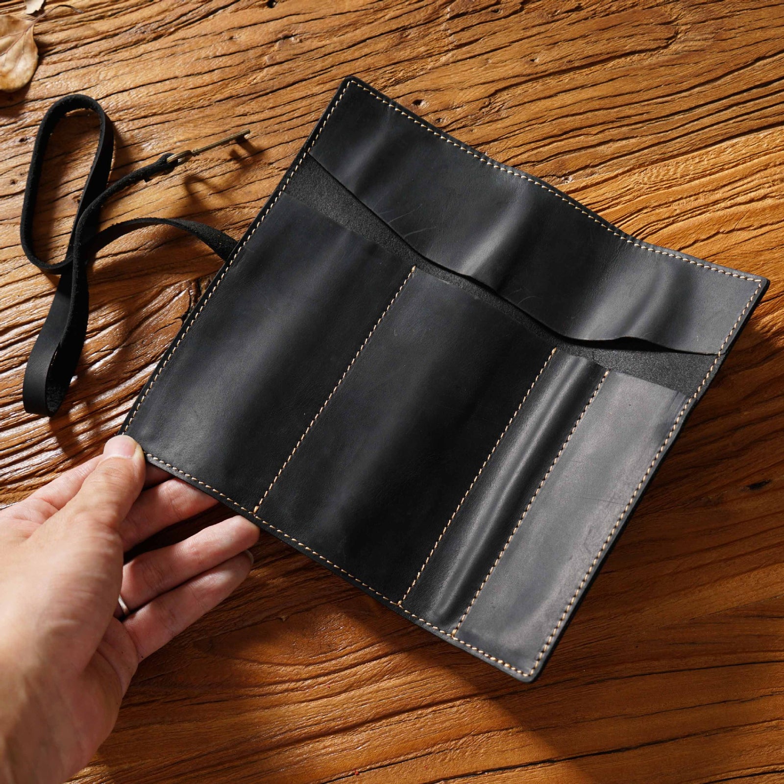 Black Genuine Crazy Horse Leather Pencil Roll Case Vintage Pen Wrap Stationery Organiser Pouch with Strap & Charm 4 Slots for Artists