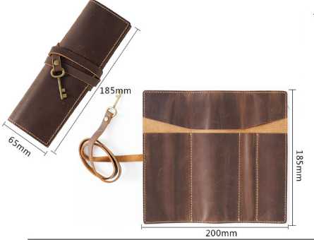 Coffee Genuine Crazy Horse Leather Pencil Roll Case Vintage Pen Wrap Stationery Organiser Pouch with Strap & Charm 4 Slots for Artists