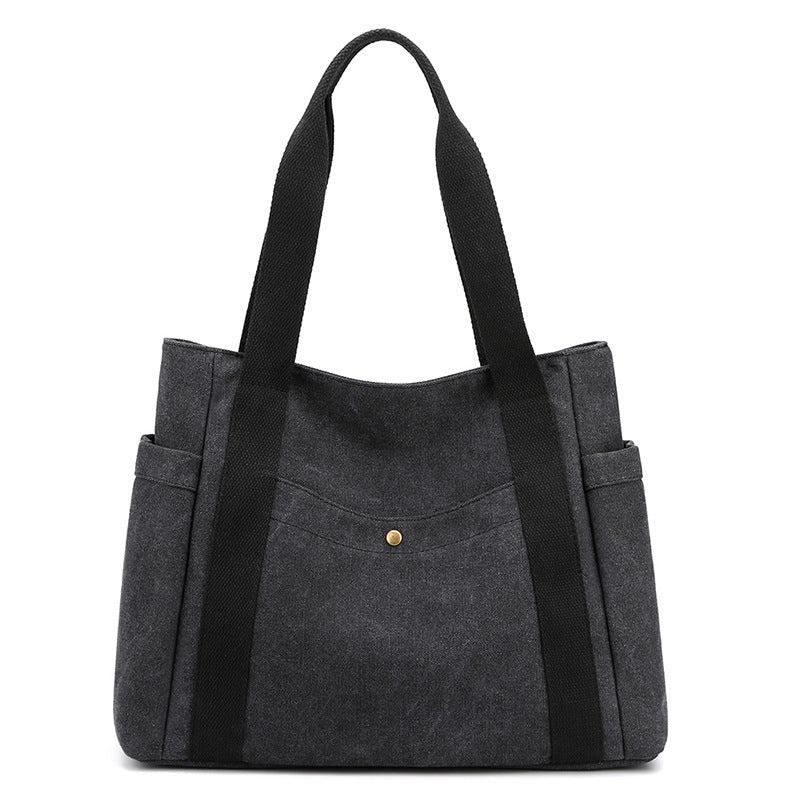 Black Women's Large Canvas Tote Bag Minimalist Shoulder Handbag High Capacity 39cm for Work School & Travel