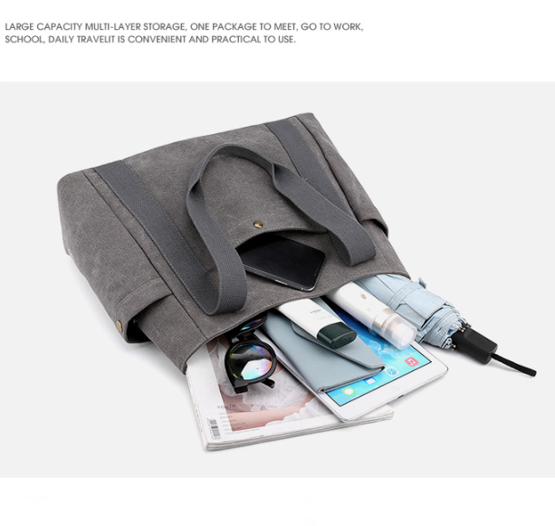 Grey Women's Large Canvas Tote Bag Minimalist Shoulder Handbag High Capacity 39cm for Work School & Travel