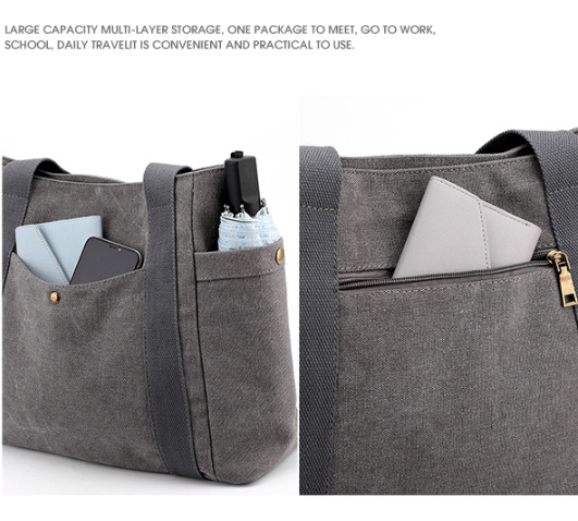 Grey Women's Large Canvas Tote Bag Minimalist Shoulder Handbag High Capacity 39cm for Work School & Travel