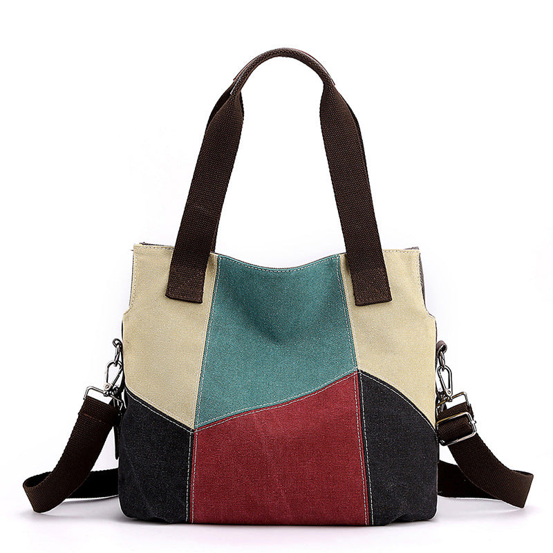 Red Vintage Patchwork Canvas Tote Bag Large Capacity Multi-Pocket Women's Shoulder Handbag for Office Travel and Daily Use