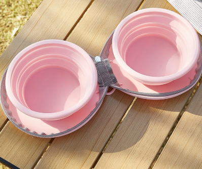 Pink Portable Collapsible Double Pet Bowls for Dogs and Cats - 2x 450ml Food Grade Silicone Travel Feeder with Zippered Paw Carrying Case - Lightweight Outdoor Water and Food Bowl Set