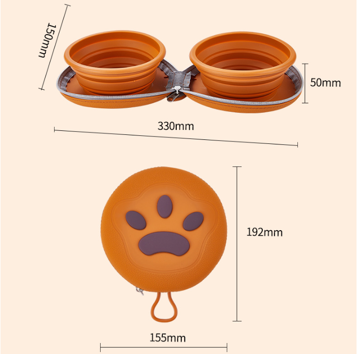 Pink Portable Collapsible Double Pet Bowls for Dogs and Cats - 2x 450ml Food Grade Silicone Travel Feeder with Zippered Paw Carrying Case - Lightweight Outdoor Water and Food Bowl Set