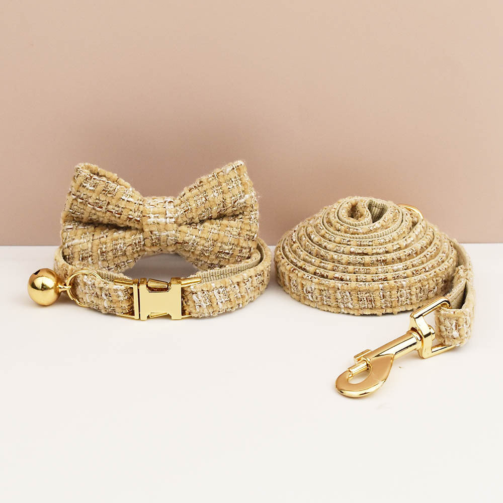 S Khaki Elegant Tweed Pet Collar and Leash Set - Adjustable Cat and Small Dog Collar with Removable Bow Tie and Gold Bell