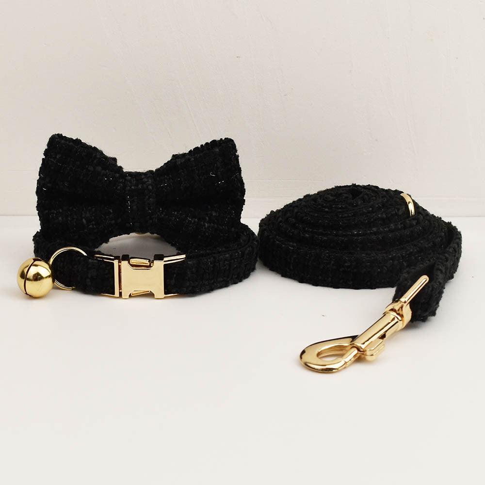 L Black Elegant Tweed Pet Collar and Leash Set - Adjustable Cat and Small Dog Collar with Removable Bow Tie and Gold Bell