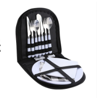 Black Premium 2-Person Portable Camping Cutlery Set - Stainless Steel Picnic Tableware Kit with Compact Zippered Storage Bag for Outdoor Hiking and BBQ