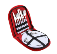 Red Premium 2-Person Portable Camping Cutlery Set - Stainless Steel Picnic Tableware Kit with Compact Zippered Storage Bag for Outdoor Hiking and BBQ