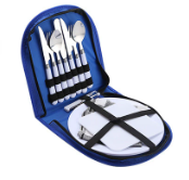 Blue Premium 2-Person Portable Camping Cutlery Set - Stainless Steel Picnic Tableware Kit with Compact Zippered Storage Bag for Outdoor Hiking and BBQ