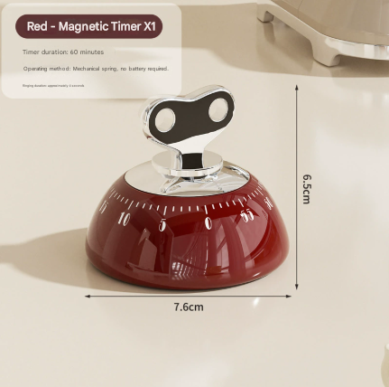 Red Magnetic Mechanical Kitchen Timer - 60-Minute Visual Countdown Clock for Cooking, Study, and Kids Time Management - No Battery Required