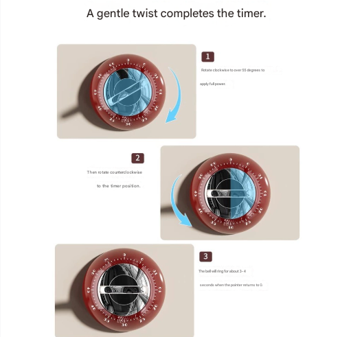 Red Magnetic Mechanical Kitchen Timer - 60-Minute Visual Countdown Clock for Cooking, Study, and Kids Time Management - No Battery Required