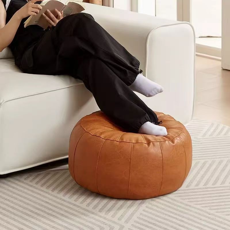Orange Faux Leather Pumpkin Pouf Cover - DIY Unfilled Round Ottoman for Clothes Storage and Footrest - 50x30cm Versatile Home Decor
