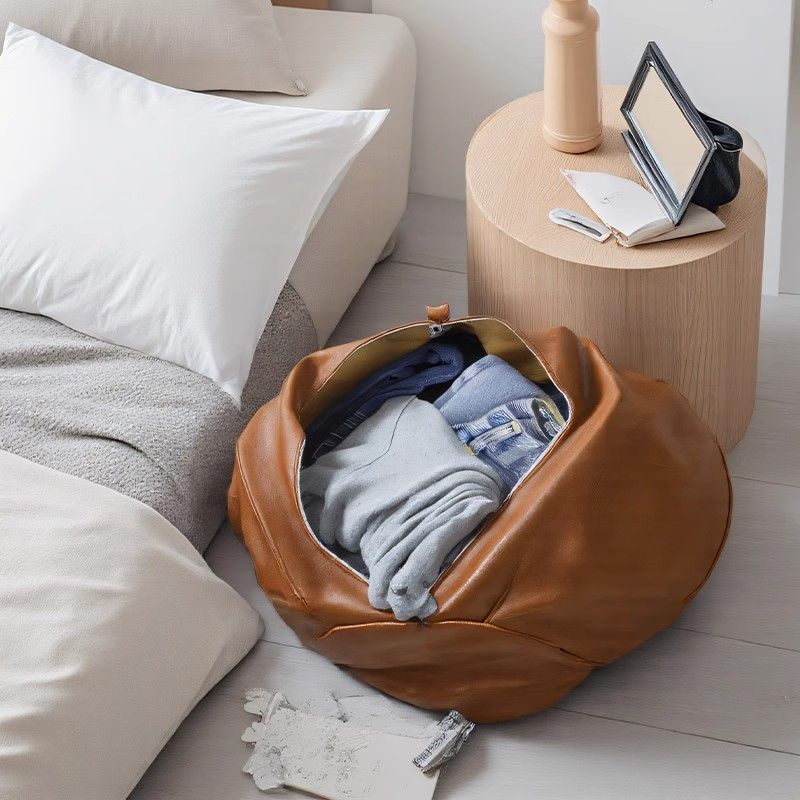 Orange Faux Leather Pumpkin Pouf Cover - DIY Unfilled Round Ottoman for Clothes Storage and Footrest - 50x30cm Versatile Home Decor