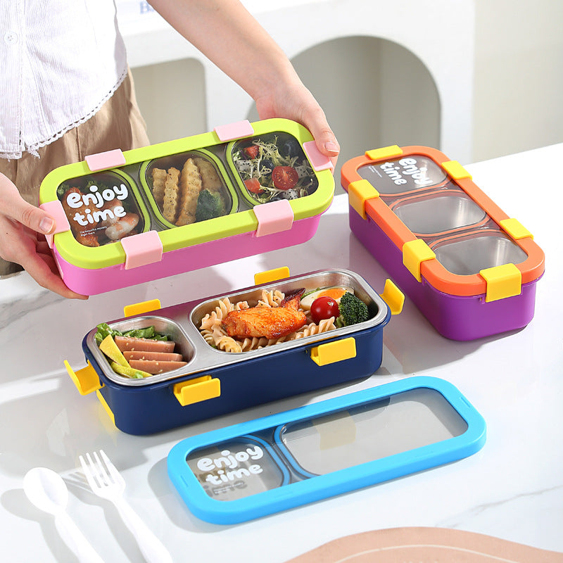Blue Premium Stainless Steel 3-Compartment Lunch Box - Leak-Proof 500ml Portable Bento Box for Students and Office Professionals