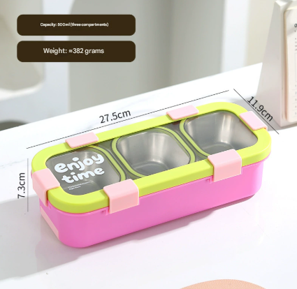 Green Premium Stainless Steel 3-Compartment Lunch Box - Leak-Proof 500ml Portable Bento Box for Students and Office Professionals