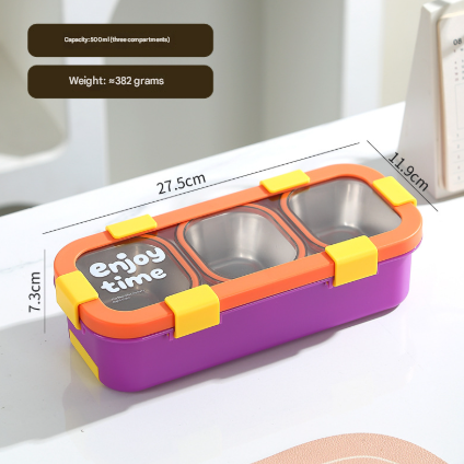 Orange Premium Stainless Steel 3-Compartment Lunch Box - Leak-Proof 500ml Portable Bento Box for Students and Office Professionals