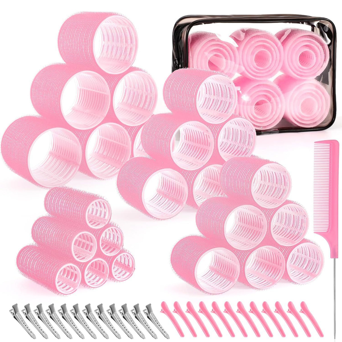Pink 50-Piece Professional Hair Roller Set - Multi-Size Self-Grip Velcro Rollers with Clips and Tail Comb - Complete Heatless Styling Kit for Voluminous Curls and Air Bangs