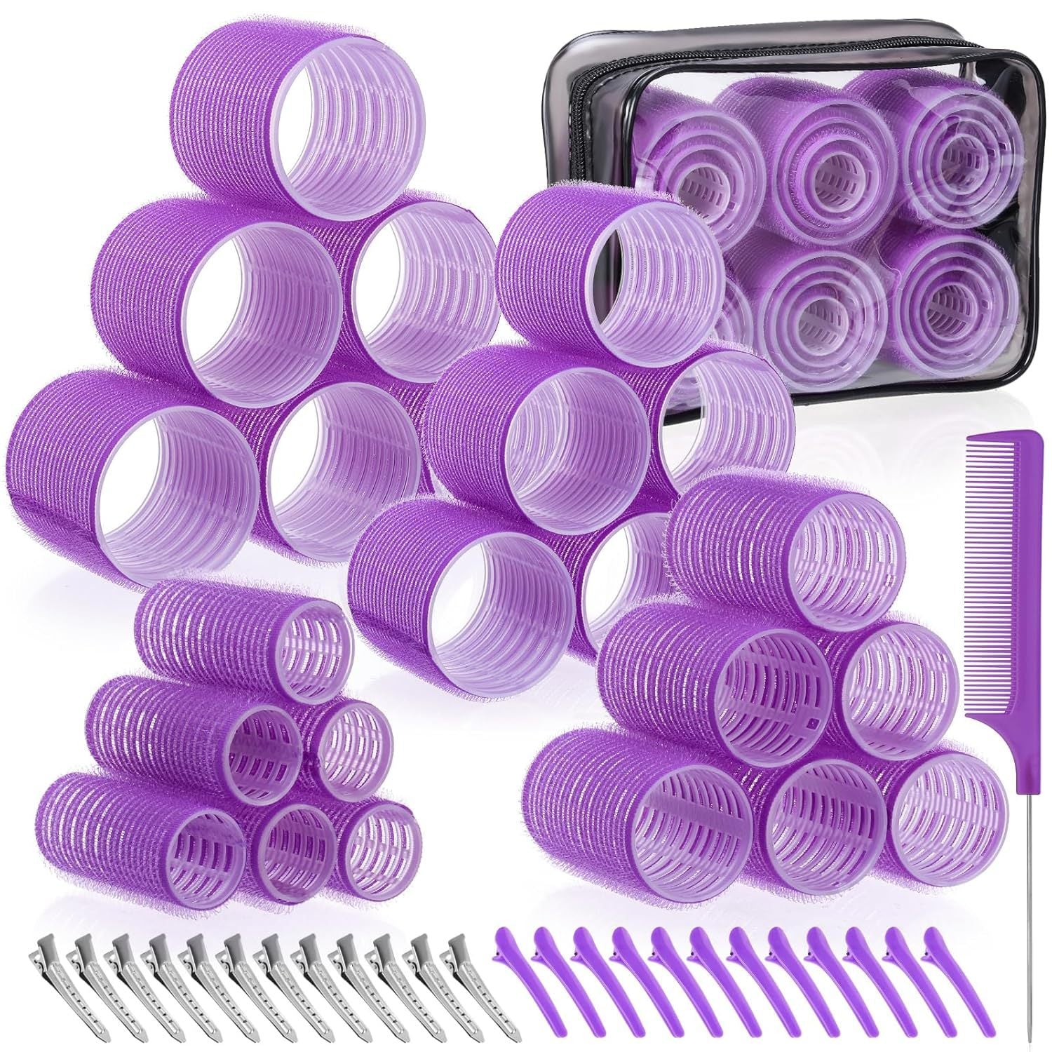 Purple 50-Piece Professional Hair Roller Set - Multi-Size Self-Grip Velcro Rollers with Clips and Tail Comb - Complete Heatless Styling Kit for Voluminous Curls and Air Bangs