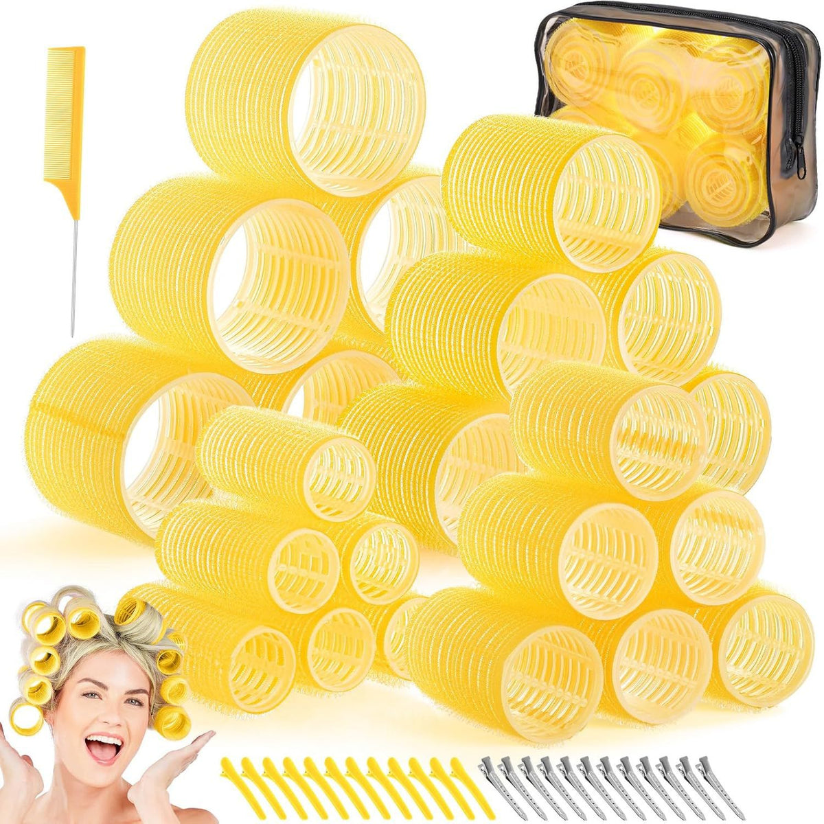 Yellow 50-Piece Professional Hair Roller Set - Multi-Size Self-Grip Velcro Rollers with Clips and Tail Comb - Complete Heatless Styling Kit for Voluminous Curls and Air Bangs